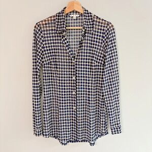 Cabi Blue White Mesh Top Check Print Sheer Long Sleeve Collar Size S